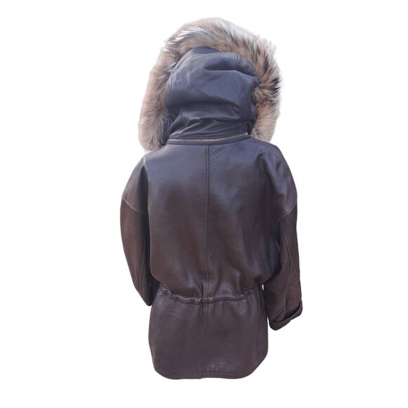 Andrew Marc Brown Leather Jacket with Fur Hood - Picture 2 of 13